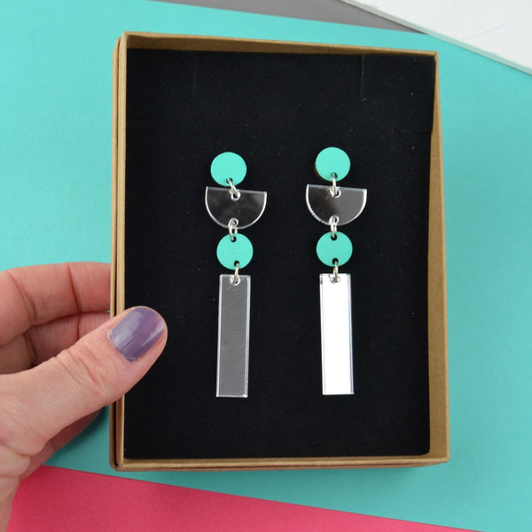 Statement Earrings in Aqua and Silver