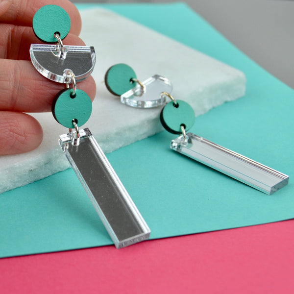Silver Mirror and Aqua statement earrings