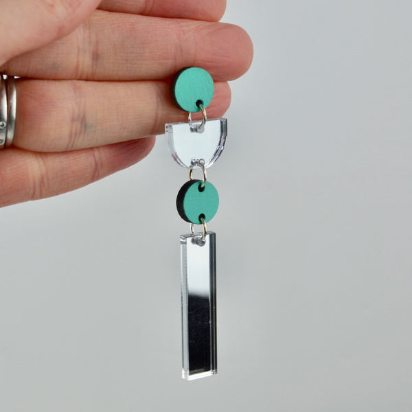 Silver Mirror and Aqua statement earring