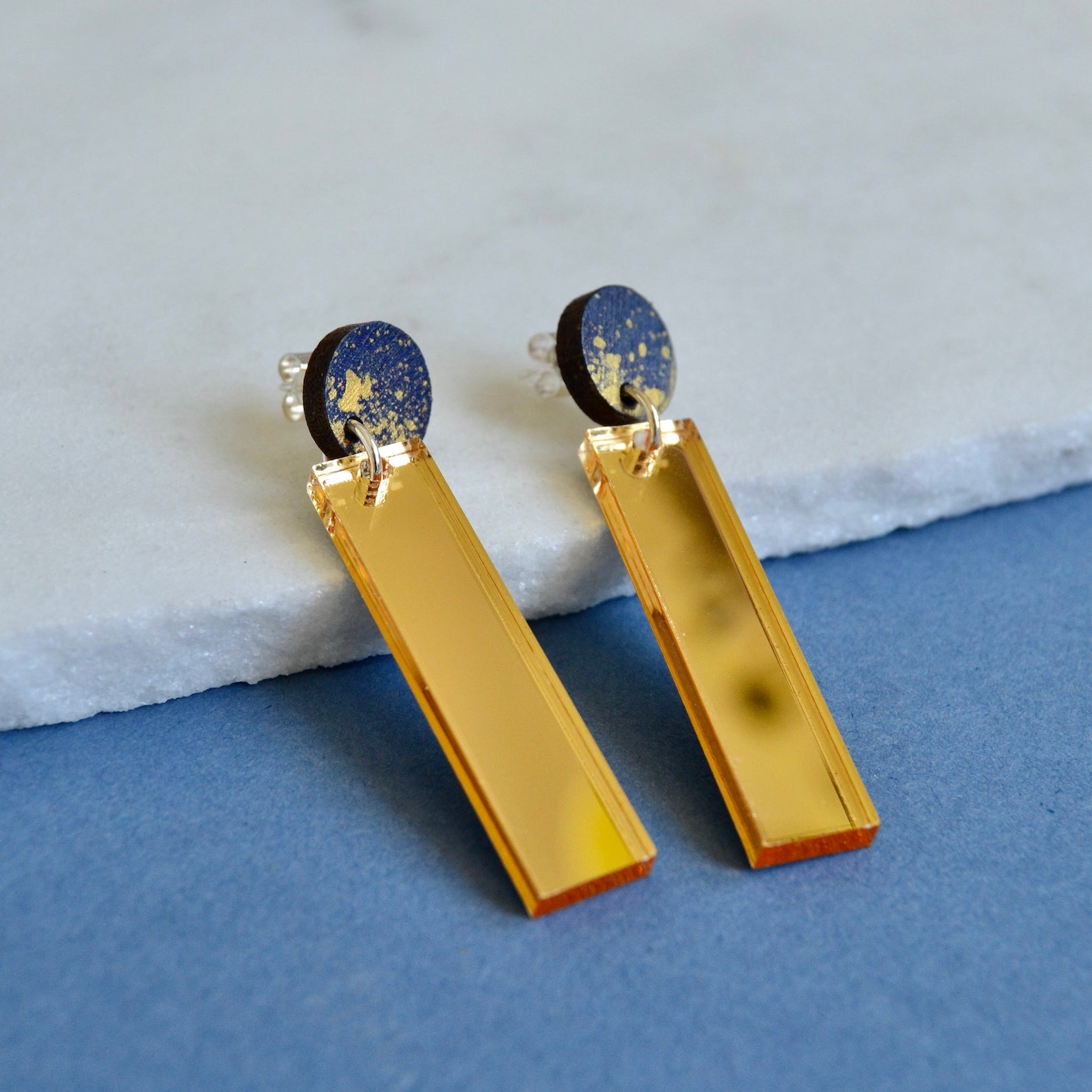 Gold Mirror Drop Earrings with Navy and Gold Stud
