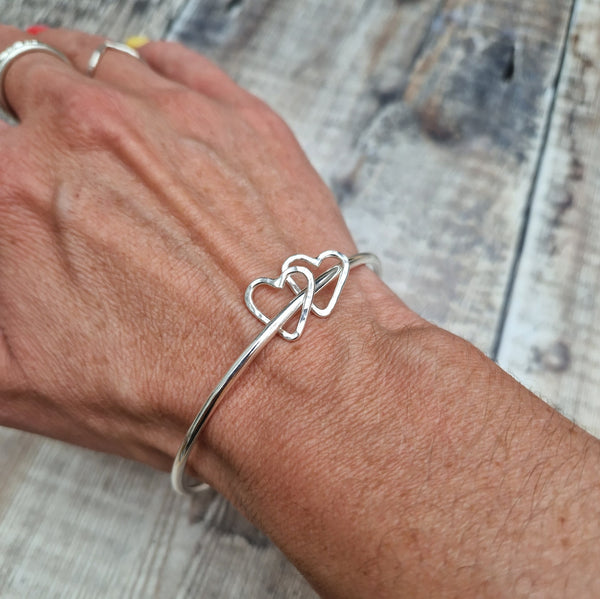 Sterling Silver Bangle with Heart Charms, made in the UK