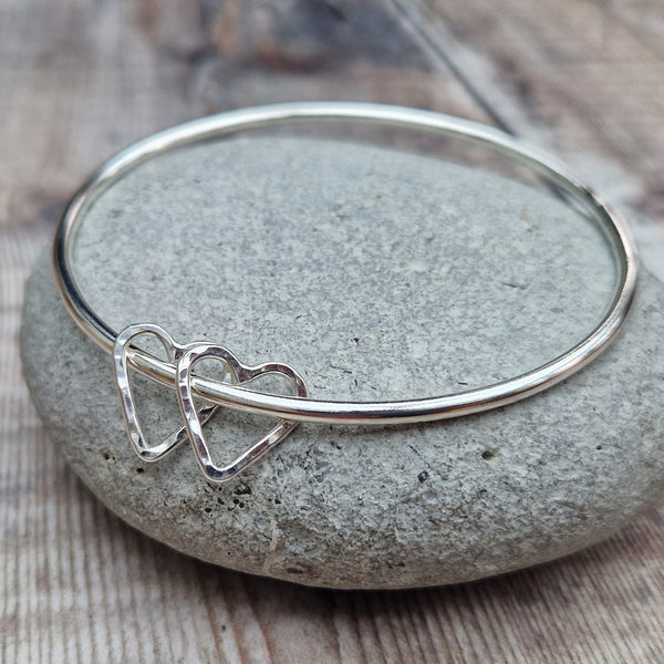 Handmade Sterling Silver Bangle with Heart Charms