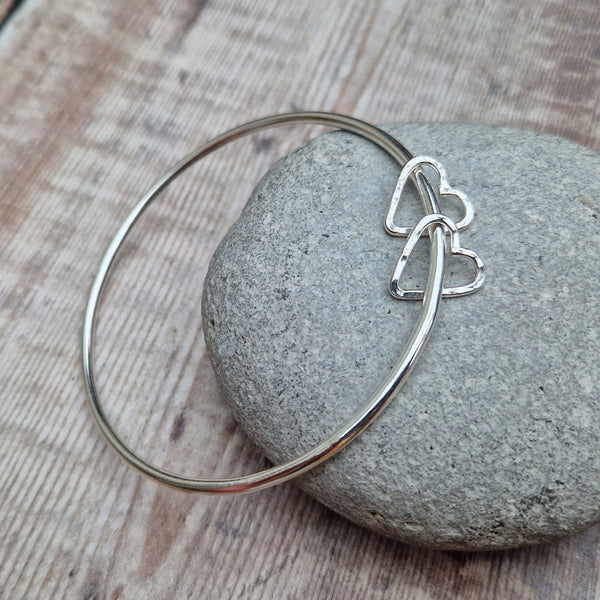 Sterling Silver Bangle with Heart Charms, made in Bristol