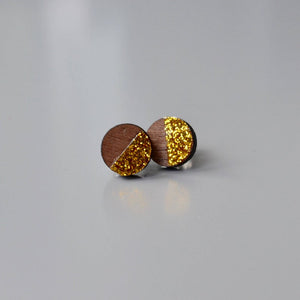 Walnut Circle Stud Earrings with Gold Glitter detail