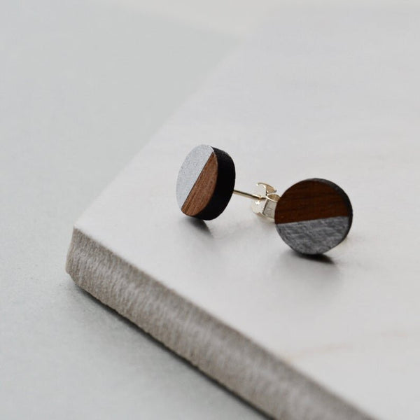 Walnut Circle Stud Earrings with Silver detail