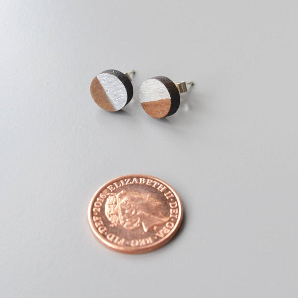 Walnut Circle Stud Earrings with Silver detail