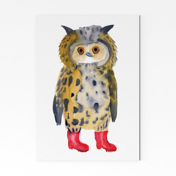 Owl in wellington boots, fun Art Print