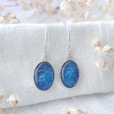 Sapphire coloured drop earrings, handmade in Bristol, UK
