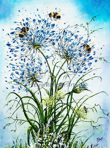 Agapanthus and Bumble Bees Art Print