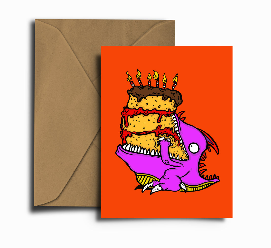 Monster Eating Cake Birthday Card