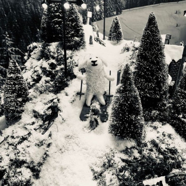 Handmade Felt Skiing Sheep Hanging Decoration in Snowy Winter Scene