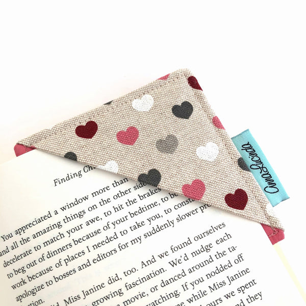 Corner bookmark in a cute heart fabric