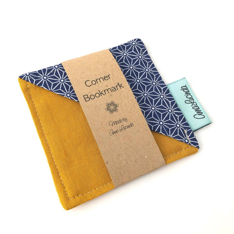 Corner bookmark, Page marker, Fabric bookmark in Blue geometric pattern and mustard