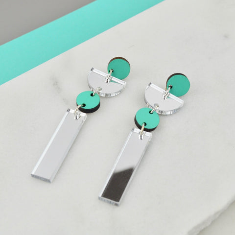 Silver Mirror and Aqua statement earrings