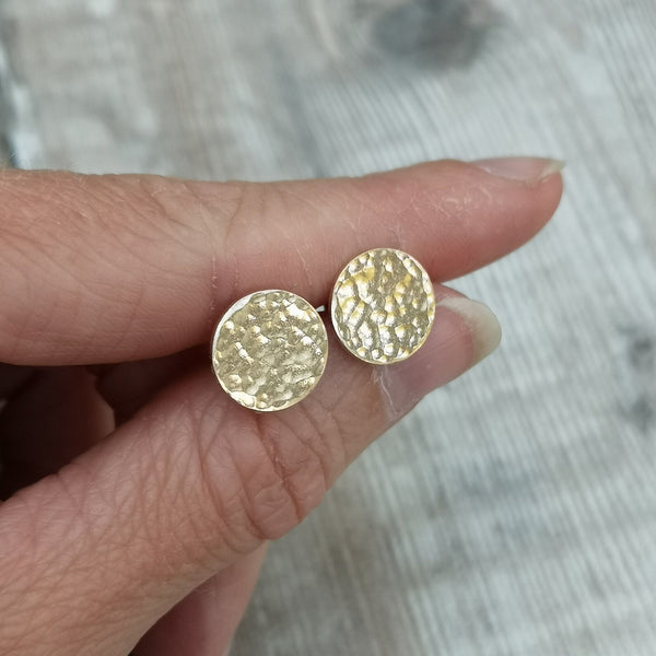 9ct Gold Hammered Disc Stud Earrings, made from recycled 9ct Gold.