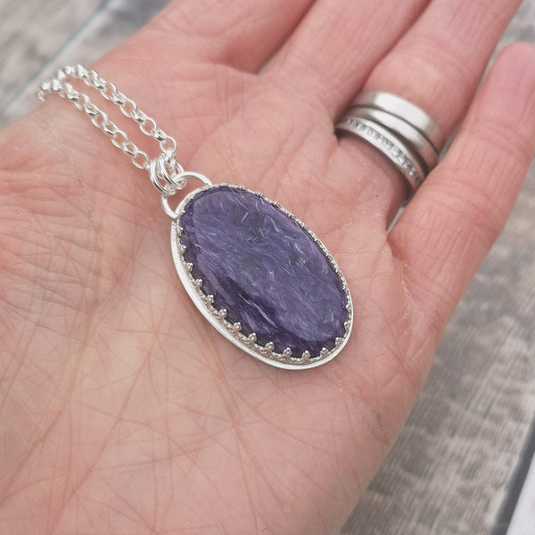 Purple Charoite Silver Pendant Necklace, handmade in Bristol