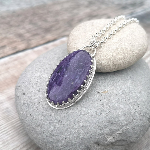 Purple Charoite Silver Pendant Necklace, handmade in England