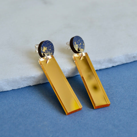 Gold Mirror Drop Earrings with Navy and Gold Stud