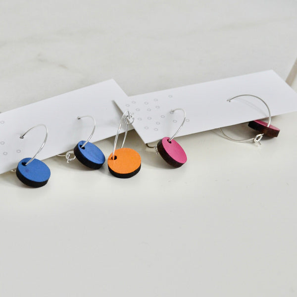 Small hoop earrings with colourful wooden charm
