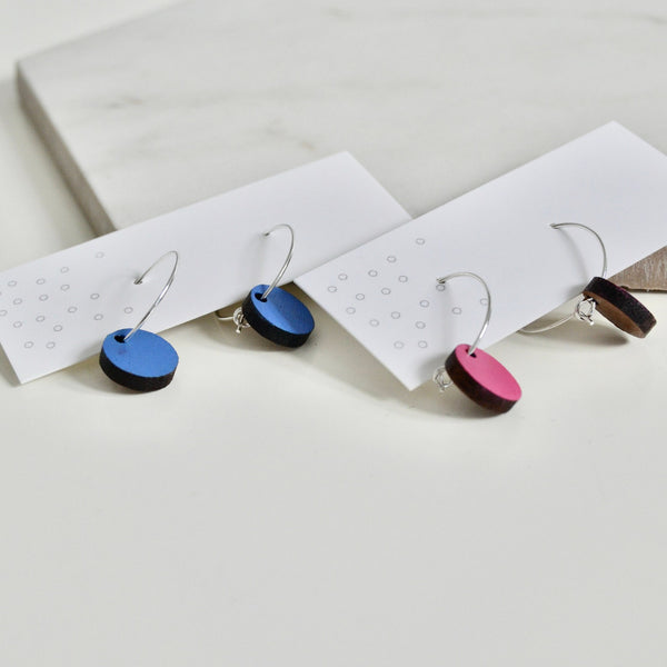 Small hoop earrings with colourful wooden charm