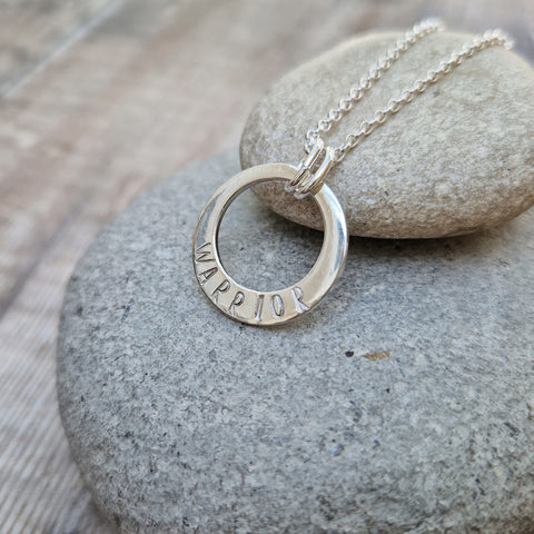 Sterling Silver Warrior Necklace, Motivational Necklace, Empowerment Necklace, Hand Stamped, Circle Necklace