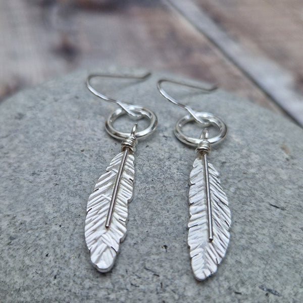 Silver Feather and Hoop Drop Earrings