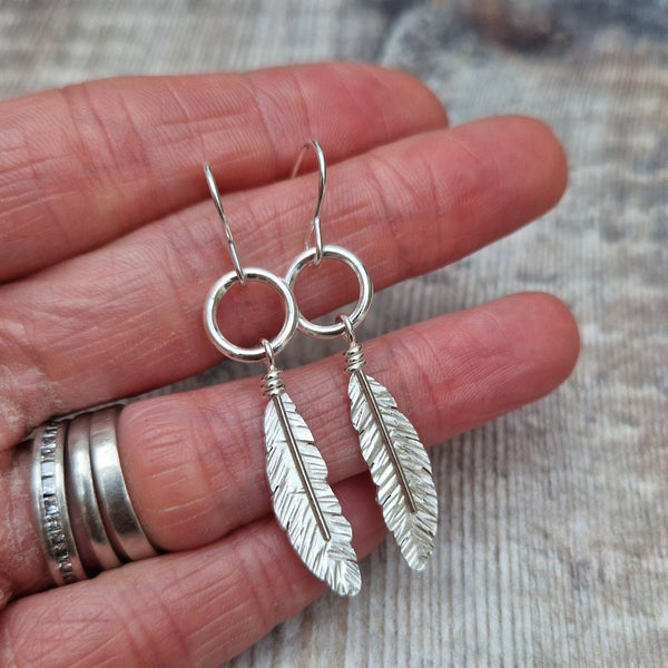 Sterling Silver Feather and Hoop Drop Earrings