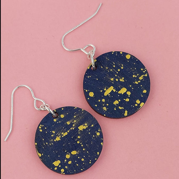 Dangly Disc Wooden Earring in Navy and Gold
