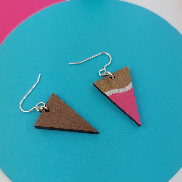 Wooden Triangle Dangly Earrings with pink