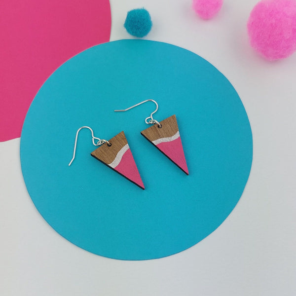 Wooden Triangle Dangly Earrings with pink