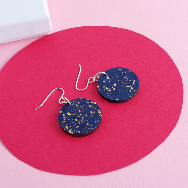 Dangly Disc Wooden Earring in Navy and Gold