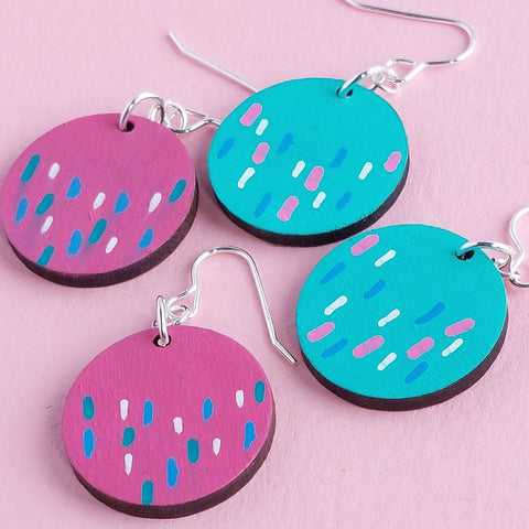 Dangly Disc Wooden Earring with dash pattern
