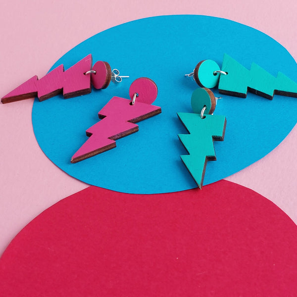 pink and aqua earrings with lightning bolt