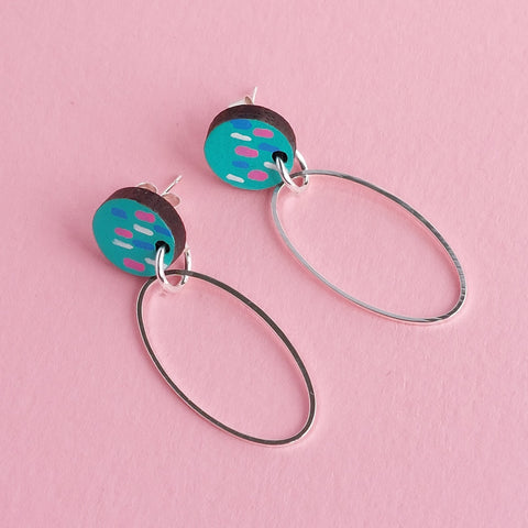 Colourful Earrings with dangly silver oval