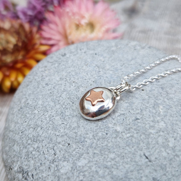 Handmade Sterling Silver Pebble Necklace with Copper Star
