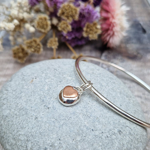 Silver Bangle with Pebble Copper Heart Charm