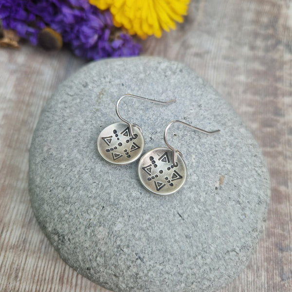 Silver Boho Pattern Curved Disc Earrings handmade in the UK