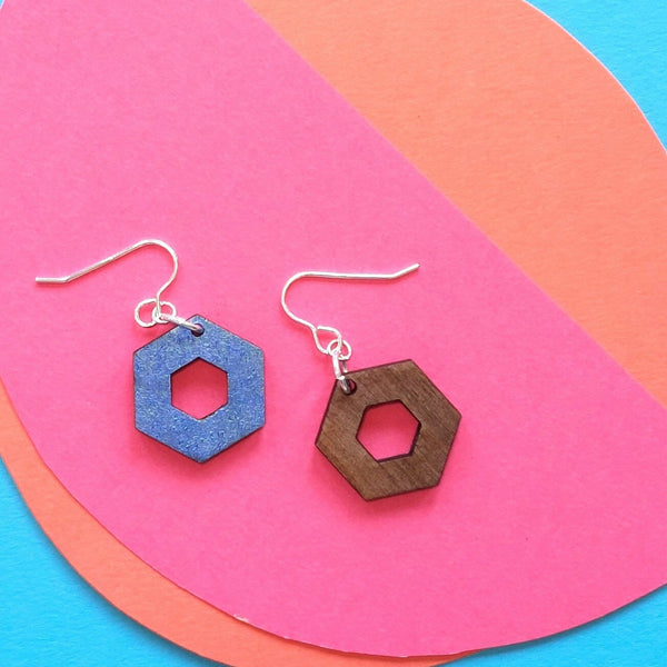 Colourful dangly open hexagon earrings