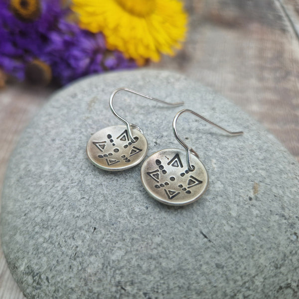 Silver Boho Pattern Curved Disc Earrings handmade in Bristol