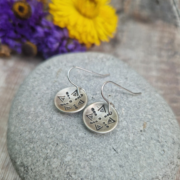 Handmade Silver Boho Pattern Curved Disc Earrings 