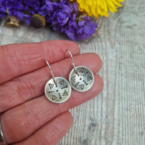 Silver Boho Pattern Curved Disc Earrings