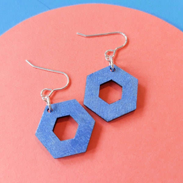 Colourful dangly open hexagon earrings