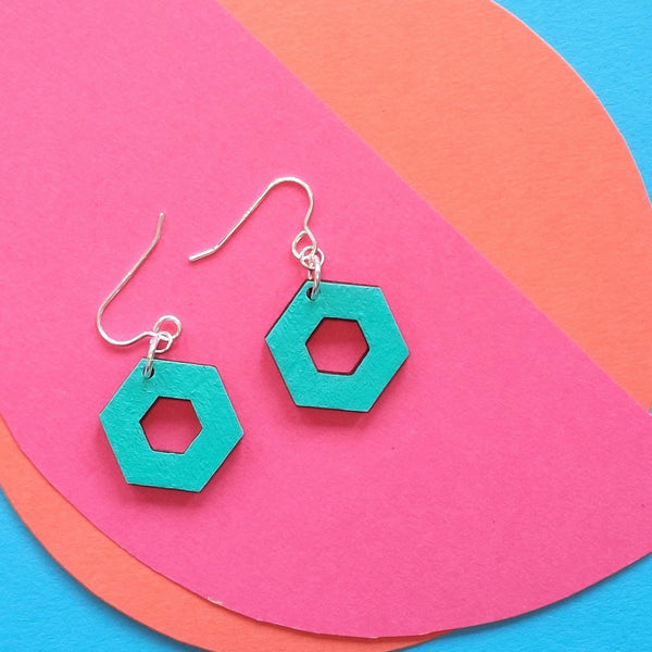 Colourful dangly open hexagon earrings