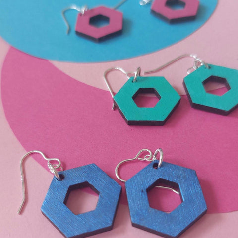 Colourful dangly open hexagon earrings