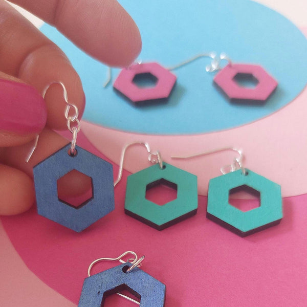 Colourful dangly open hexagon earrings