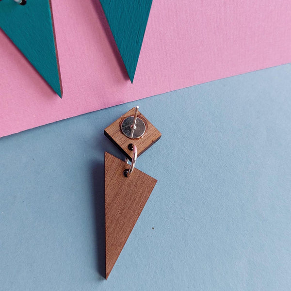 Colourful two tone triangle dangly earrings