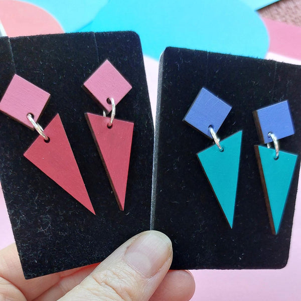 Colourful two tone triangle dangly earrings