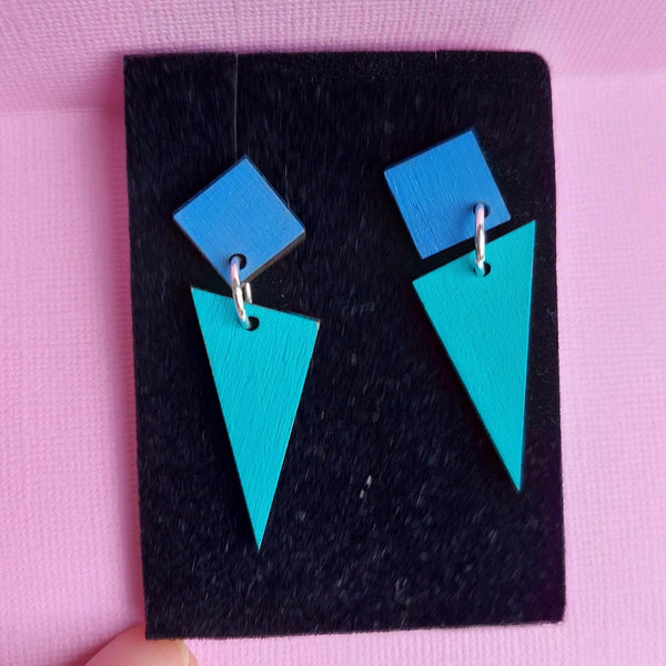 Colourful two tone triangle dangly earrings