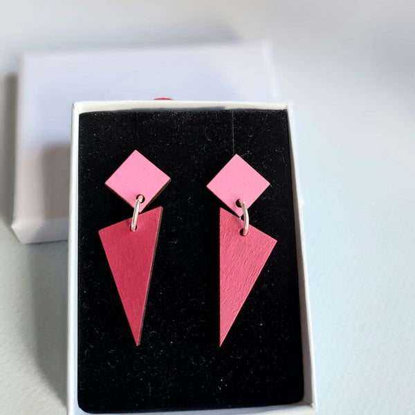 Colourful two tone triangle dangly earrings