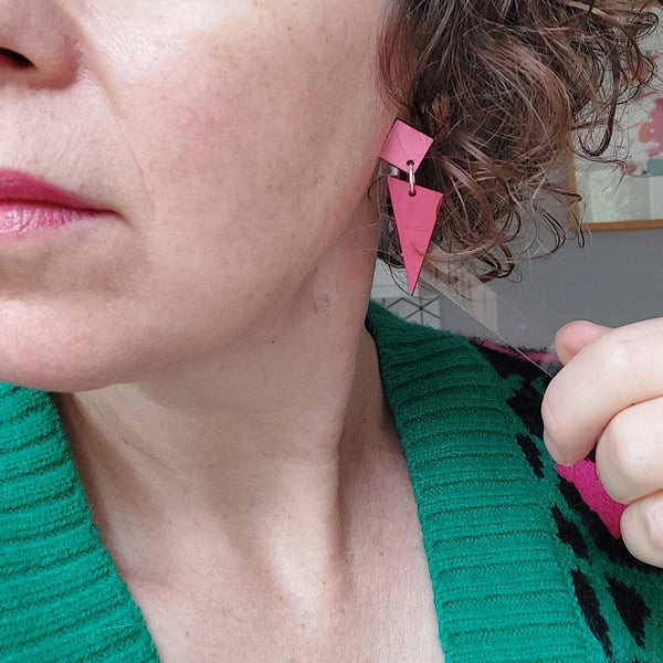 Colourful two tone triangle dangly earrings